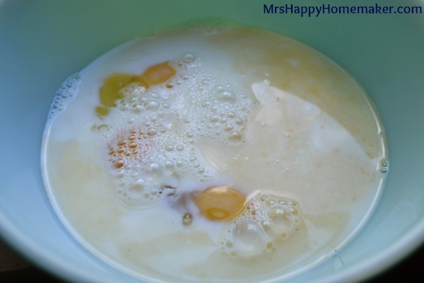 In a bowl, whisk together 3 eggs, 2 cups of milk, 1/2 cup of sugar ...