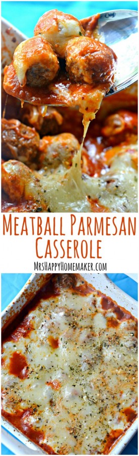 I love easy & delicious recipes like this Meatball Parmesan Casserole. You only need 5 ingredients, it's ready in minutes & it'll feed a crowd for cheap. | MrsHappyHomemaker.com @thathousewife
