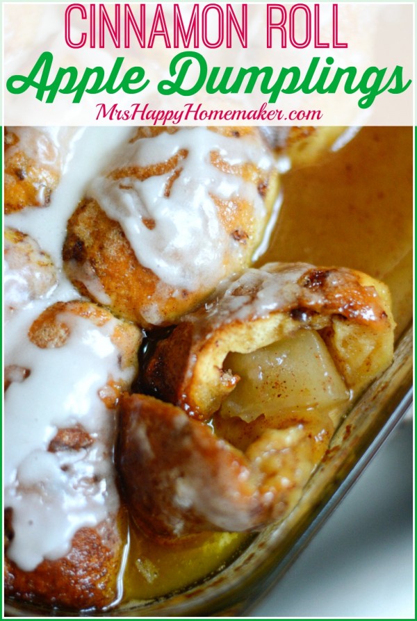 Cinnamon Roll Apple Dumplings - as in these delicious apple dumplings are encased with cinnamon rolls! In only 6 ingredients, these can be on your table in no time. | MrsHappyHomemaker.com @thathousewife
