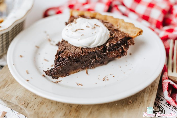 Chocolate Fudge PIe slice on a white plate