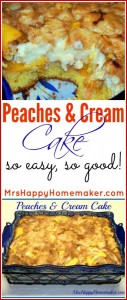 Peaches and Cream Cake - one of my favorite desserts in the whole wide world. Best served warm! | MrsHappyHomemaker.com @MrsHappyHomemaker