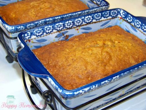 2 loaves of Southern Sweet Potato Bread in blue loaf pans