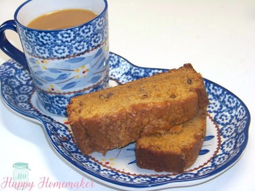 Sweet Potato Bread on a blue divided plate with coffee