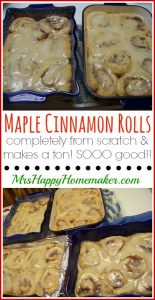 Maple Cinnamon Rolls - completely from scratch & they make a ton. Soooo good, y'all!! | MrsHappyHomemaker.com @mrshappyhomemaker