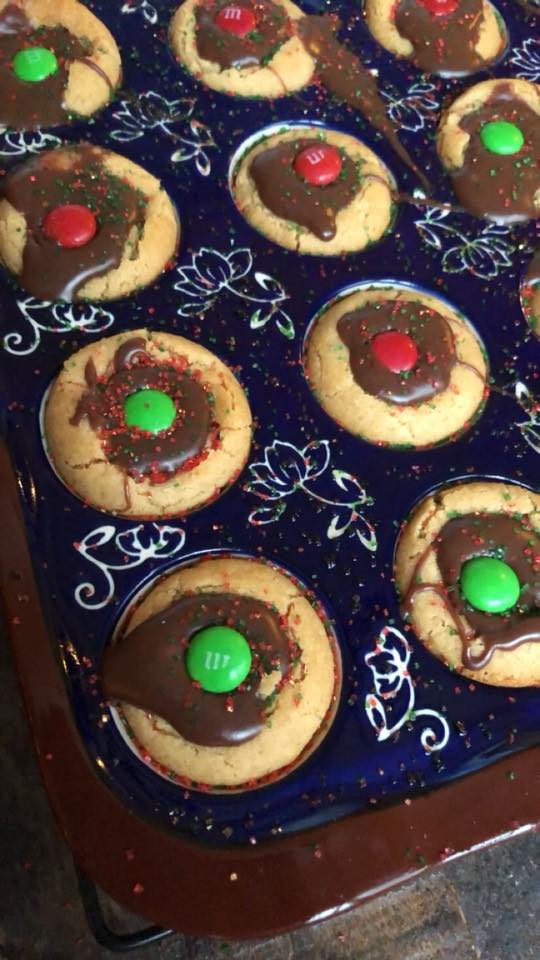 Fudge Filled Peanut Butter Cookies with a m&m on top 