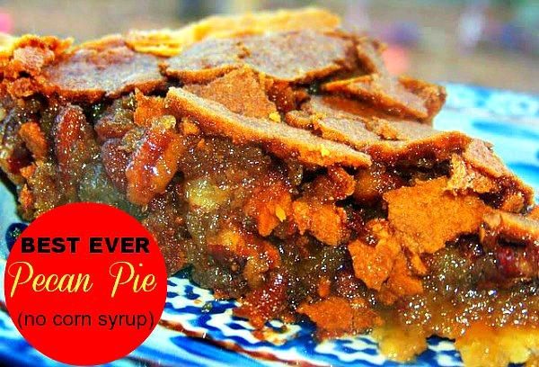 BEST EVER Pecan Pie - a slice of pecan pie on a blue plate 