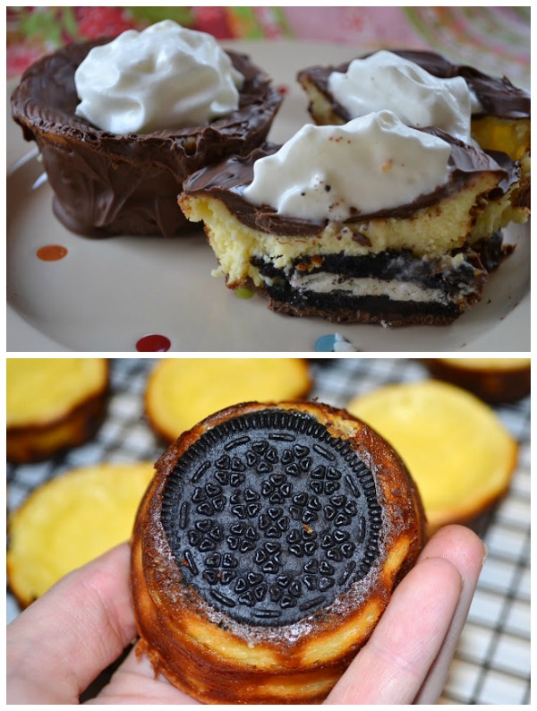 mini oreo cheesecakes coated in chocolate and topped with whipped cream