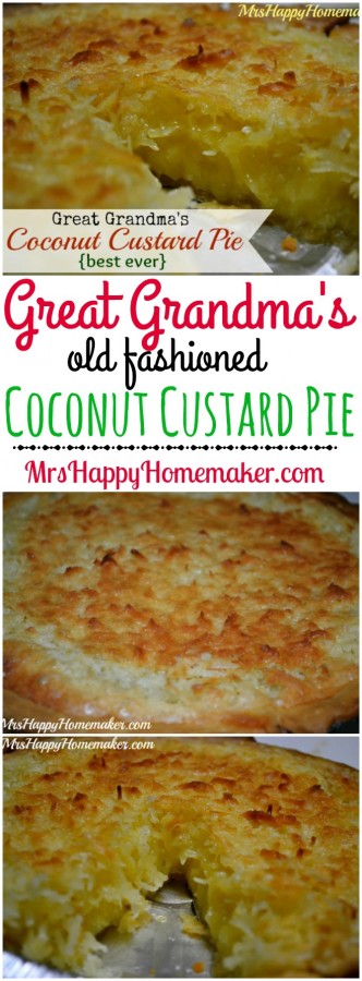 Old fashioned heritage recipes are the very best. This Coconut Custard Pie is just that.... the recipe was handed down to me by my Great Grandmother & I'm passing it on to all of you. We call it the best ever 'round these parts. ;) | MrsHappyHomemaker.com @thathousewife