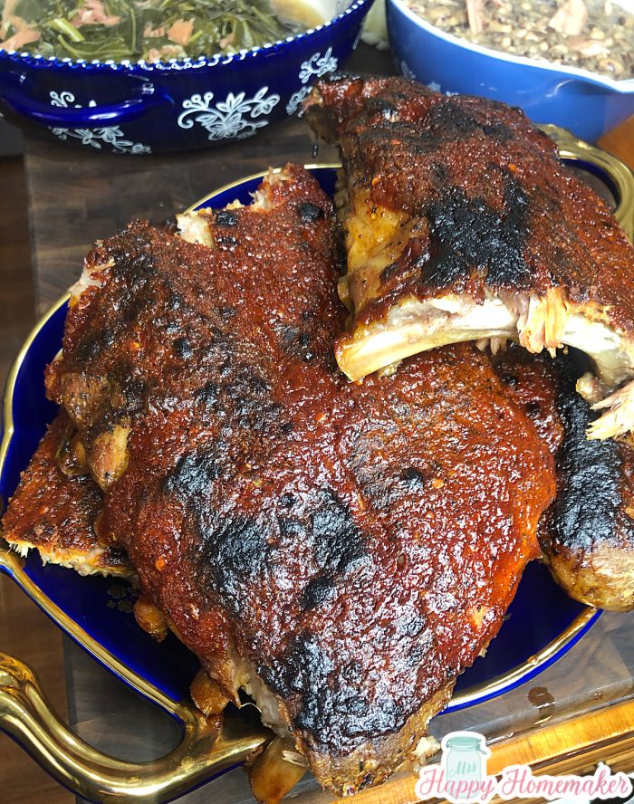 Baby Back Ribs with Whiskey Glaze on a blue platter
