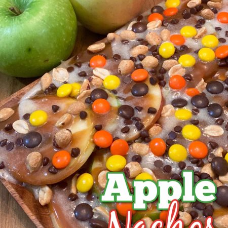 Apple nachos - sliced apples with caramel, Reese’s pieces, marshmallow sauce, & peanuts