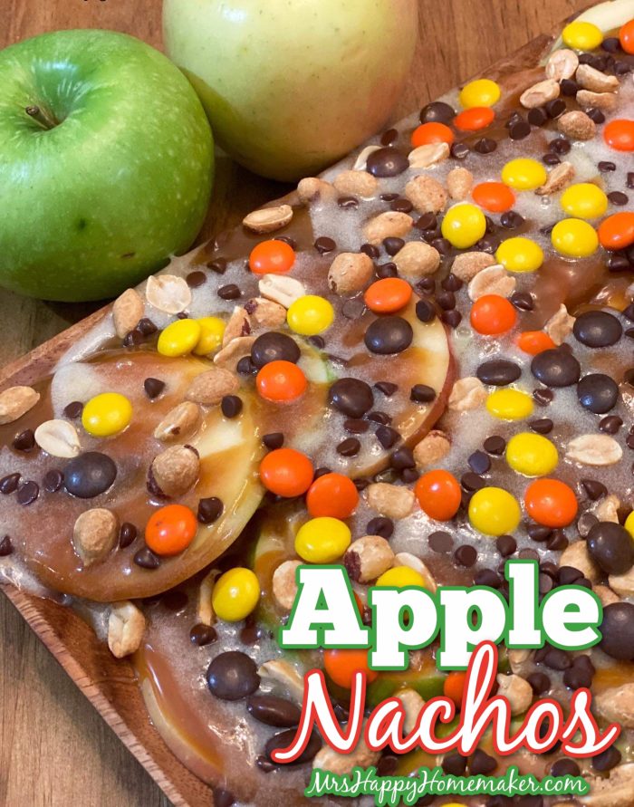 Apple nachos - sliced apples with caramel, Reese’s pieces, marshmallow sauce, & peanuts