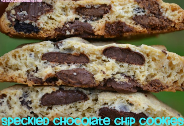 speckled double chocolate chip cookies stacked up