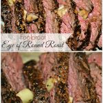 Eye of round roast sliced thin with pieces of garlic