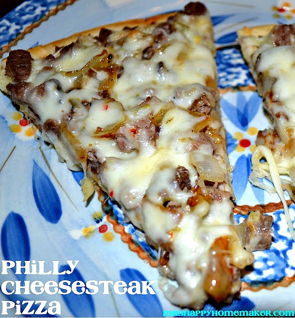 Philly cheesesteak pizza slice | MrsHappyHomemaker.com