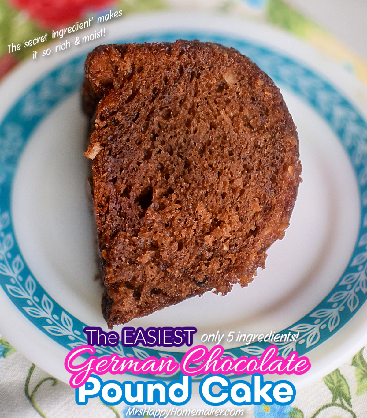 German Chocolate Bundt Cake sliced on a blue and white plate