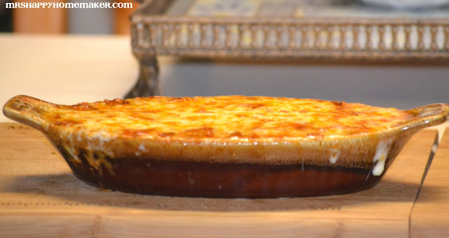 Queso Fundido con Chorizo in oval earth toned stoneware - super cheesy!