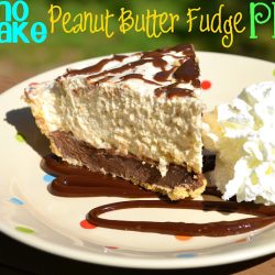 No bake peanut butter fudge pie on a white plate that has multicolored polka dots