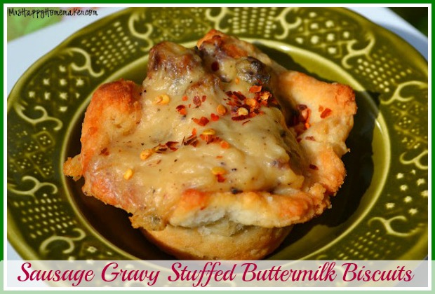 Sausage Gravy Stuffed Buttermilk Biscuits (garnished with red pepper flakes)