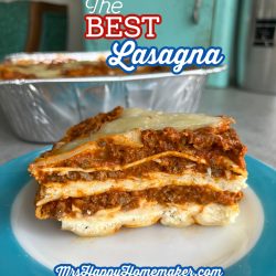 The best lasagna - sitting on a vintage Pyrex blue rimmed plate