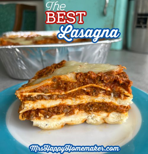 The best lasagna - sitting on a vintage Pyrex blue rimmed plate