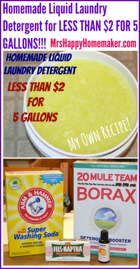 I wasn’t happy with the recipes for homemade laundry detergent I was finding so I played around a little with the measurements & made my own. I’ve been using this for several years & have converted many of my friends too. 5 gallons cost you less than $2, & you just can’t beat that. | MrsHappyHomemaker.com @thathousewife