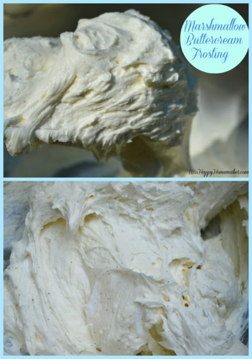 Homemade Marshmallow Buttercream Frosting - only 4 ingredients is all you need to make this and its delicious on a variety of different cakes! | MrsHappyHomemaker.com @MrsHappyHomemaker #marshmallowbuttercream #marshmallowfrosting #marshmallowbuttercreamfrosting #frosting #dessert
