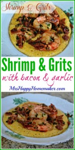 These delicious Shrimp & Grits are a Southern staple. The garlic & bacon in this dish make it perfect! | MrsHappyHomemaker.com @MrsHappyHomemaker