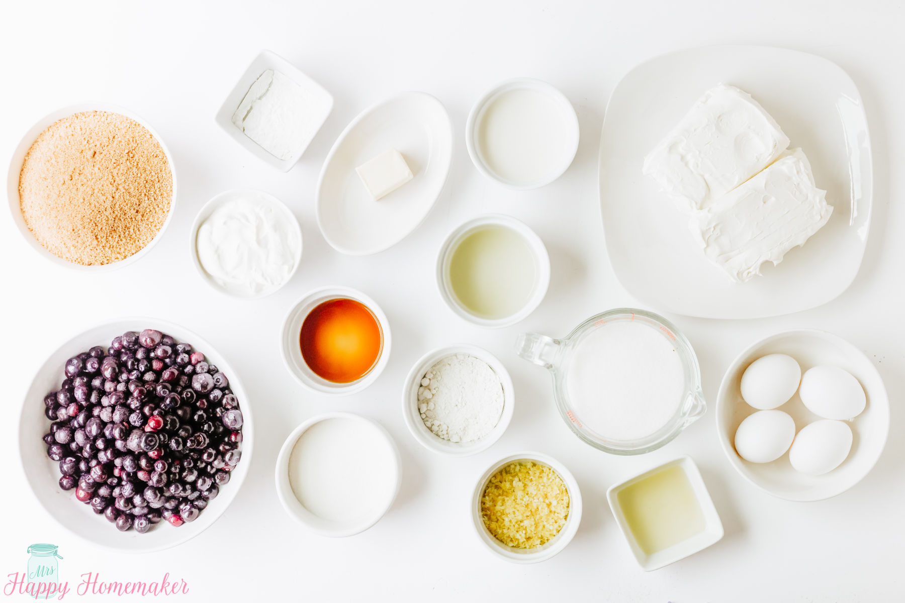 Lemon Cheesecake ingredients layed out in small bowls