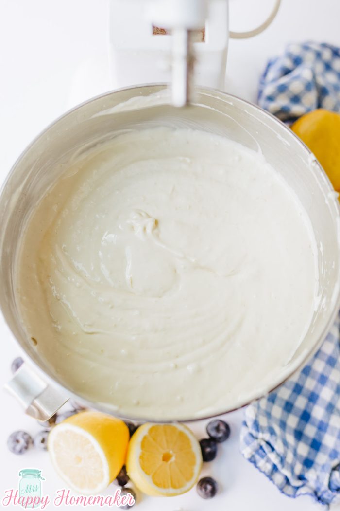 lemon cheesecake batter in a bowl