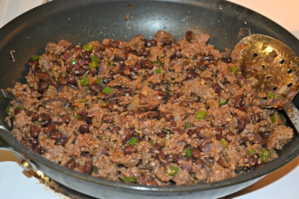 Mrs Happy Homemaker's Super Nachos - beef and bean filling cooking in a skillet