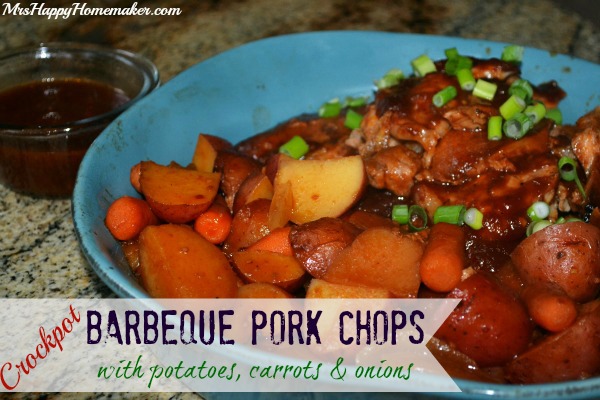Crockpot Barbeque Pork Chops with potatoes, carrots, & onions
