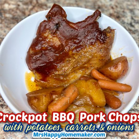 Crockpot BBQ Pork Chops with vegetables on a white plate