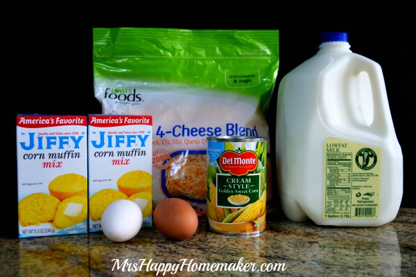 Shortcut Moist & Cheesy Cornbread ingredients - jiffy corn muffin mix, cream corn, eggs, shredded cheese, and milk