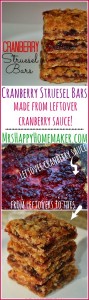 You'll want to make cranberry sauce just so you can make these delicious & easy cranberry struesel bars!! Even my friends & family who despise cranberry sauce can't stop eating these. If you don't have enough cranberry sauce, you can add in a little jam or fruit preserves too. | MrsHappyHomemaker.com @MrsHappyHomemaker