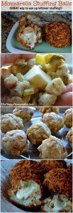 Mozzarella Stuffing Balls - a great way to use up leftover stuffing or dressing! They are so good you will want to make stuffing just so you can make these! | MrsHappyHomemaker.com @MrsHappyHomemaker