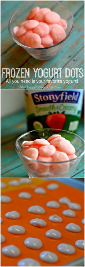 Frozen Yogurt Dots – an easy, low calorie, healthy snack that is delicious! Adults & kids alike are going to love this one! | MrsHappyHomemaker.com @thathousewife