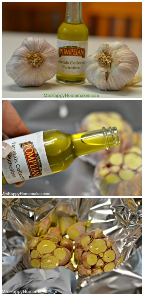 How to Roast Garlic in photos - pouring olive oil over garlic heads that the very top has been cut off of inside of a tinfoil 'purse'