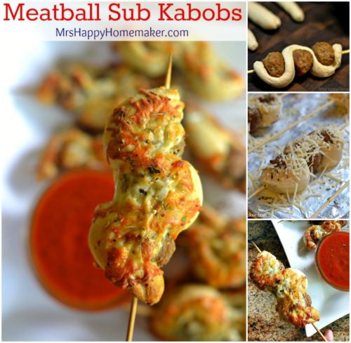 Easy Meatball Sub Kabobs collage - meatballs and breadsticks on a skewer, topped with parmesan cheese and baked on a baking sheet.