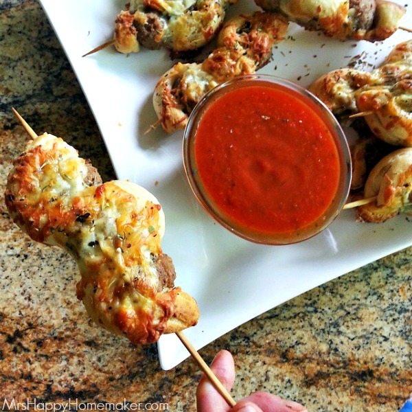 Easy Meatball Sub Kabobs with pizza sauce to dip in 