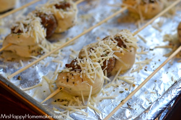 Easy Meatball Sub Kabobs on a foil lined baking sheet, unbaked, before they go into the oven 