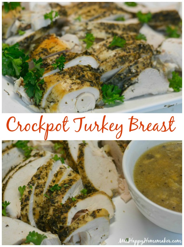 Make your Thanksgiving dinner easier & free up your oven to by making this delicious Crockpot Turkey Breast. Guaranteed to be juicy & flavorful! | MrsHappyHomemaker.com @thathousewife