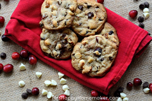 Cranberry Double Chocolate Chip Cookies on a folded red napkin 