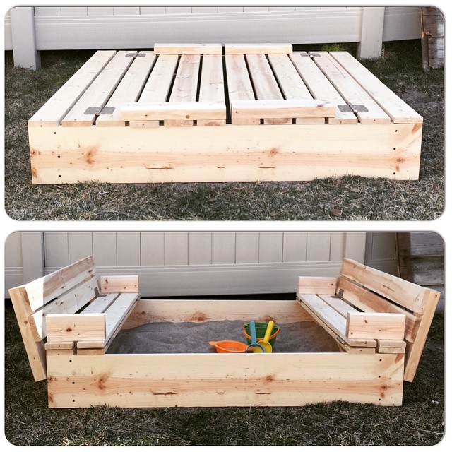 Diy Sandbox With Fold Out Seats Mrs Happy Homemaker - How To Build A Wooden Sandbox With Seats