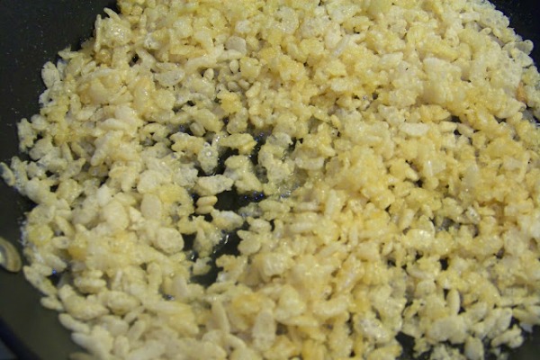 toasting Rice Krispies in butter on the skillet