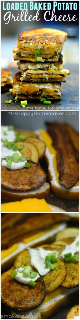 Love loaded baked potatoes with bacon, cheddar cheese, & sour cream? Oh man - you're in for a treat then with these delicious Loaded Baked Potato Grilled Cheese Sandwiches!