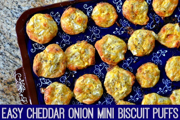 These Cheddar Onion Mini Biscuit Puffs are the first thing I learned to cook as a teen, & I've been making them ever since! They're very easy & oh so yummy! | MrsHappyHomemaker.com
