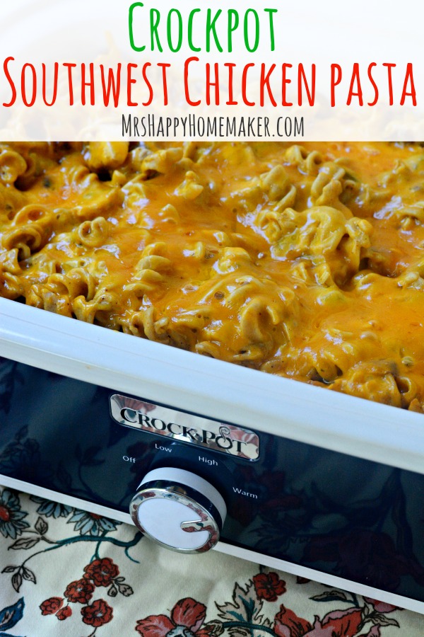 My Crockpot Southwest Chicken Pasta is a staple in my home & family favorite. It's simple & so delicious! Alternatively, you can cook it in the oven too. You can also switch out the pasta for rice, and it's yummy either way! | MrsHappyHomemaker.com