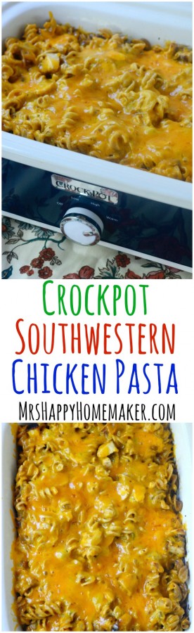My Crockpot Southwest Chicken Pasta is a staple in my home & family favorite. It's simple & so delicious! Alternatively, you can cook it in the oven too. You can also switch out the pasta for rice, and it's yummy either way! | MrsHappyHomemaker.com