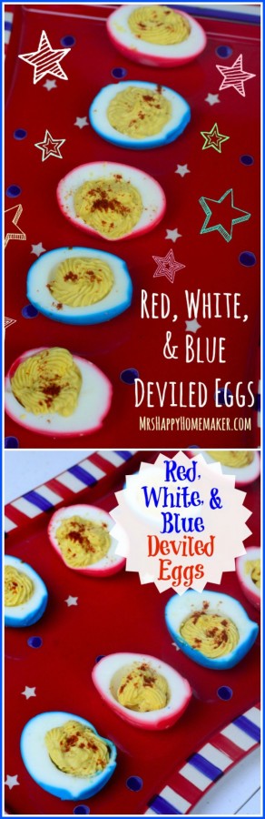 What's better than deviled eggs at a 4th of July or Memorial Day cookout? Red White & Blue Deviled Eggs, that's what! They're the perfect patriotic side dish! | MrsHappyHomemaker.com @thathousewife