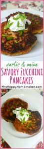 Garlic, onion, & cheddar cheese - mixed with shredded zucchini to make the BEST Zucchini Pancakes you've ever had. I like to top mine with sour cream & green onions. They are so very easy to make with minimal ingredients & can be whipped up in under 15 minutes! SO GOOD!! | MrsHappyHomemaker.com @MrsHappyHomemaker